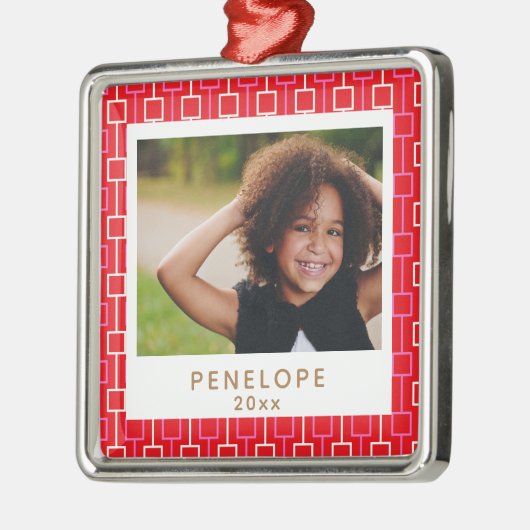 Mid Century Mod Kerstroodpatroon - Aangepaste foto Metalen Ornament (Links)