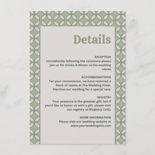 Mid Century Mod Retro Bruiloft Details Olijfgroen Informatiekaartje (Voorkant)
