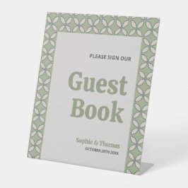 Mid Century Mod Retro Bruiloft Groen Gastenboek Reclamebord Met Voetstuk