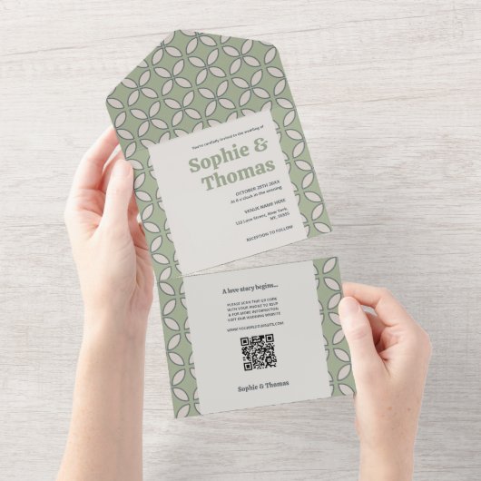 Mid Century Mod Retro Bruiloft Olijfgroen All In One Uitnodiging (Afscheurbaar)