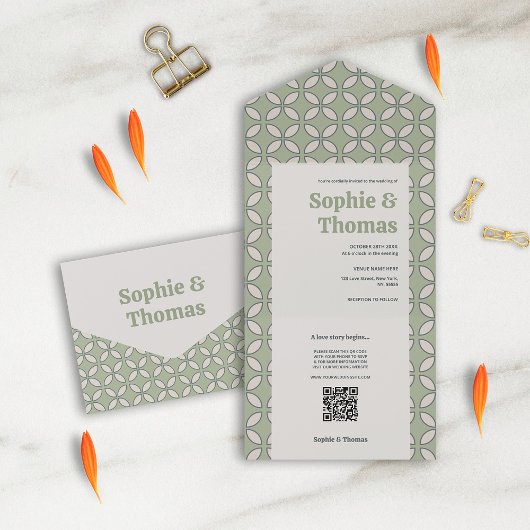 Mid Century Mod Retro Bruiloft Olijfgroen All In One Uitnodiging