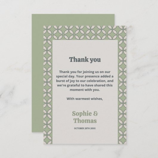 Mid Century Mod Retro Bruiloft Olijfgroen Bedankkaart (Voorkant / Achterkant)