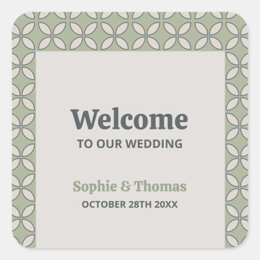 Mid Century Mod Retro Bruiloft Olijfgroen Vierkante Sticker (Voorkant)