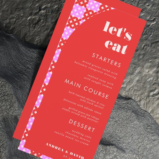 Mid Century Mod Roze & Rood Let's Eat Bruiloft Menu
