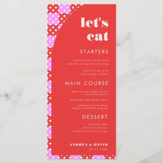 Mid Century Mod Roze & Rood Let's Eat Bruiloft Menu (Voorkant)