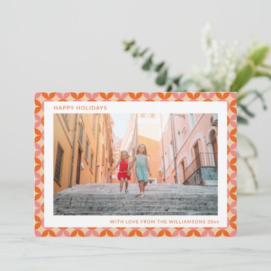 Mid Century Mod Roze Sinaasappel Unique Two Foto Feestdagenkaart (Staand voorkant)