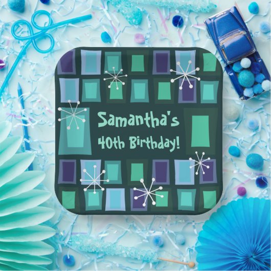Mid Century Modern 40th Birthday Blauwgroen Papieren Bordje (Feest)