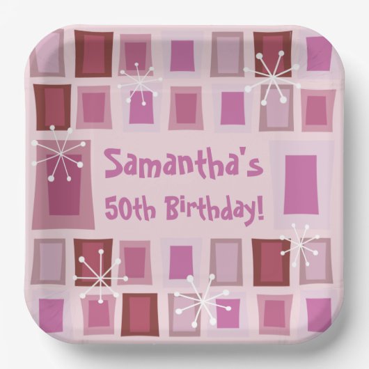 Mid Century Modern 50th Birthday Roze Papieren Bordje (Voorkant)