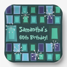 Mid Century Modern 60th Birthday Blauwgroen Papieren Bordje