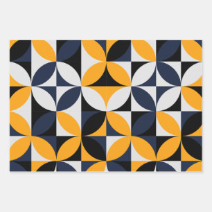 Mid Century Modern Abstract Patroon Blauw & Geel Inpakpapier Vel
