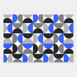 Mid Century Modern Abstract Patroon Blauw & Zwart Inpakpapier Vel