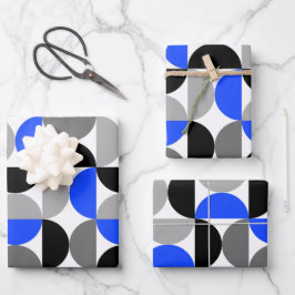 Mid Century Modern Abstract Patroon Blauw & Zwart Inpakpapier Vel