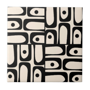 Mid Century Modern Abstract Piquet Zwart en Crème Tegeltje