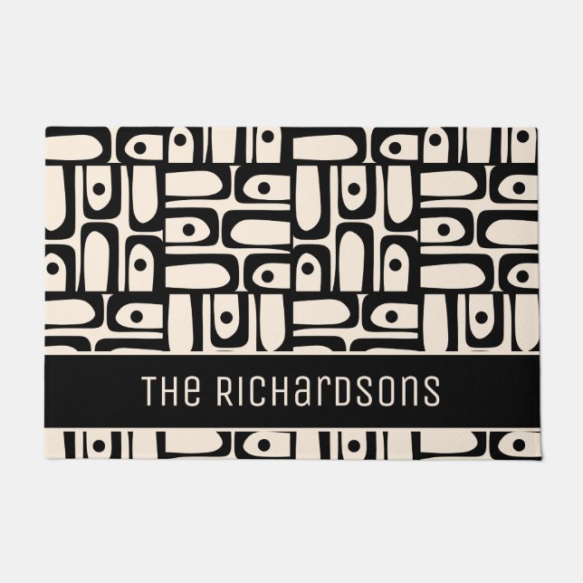 Mid Century Modern Abstract Zwart en Crème Piquet Deurmat (Voorkant)