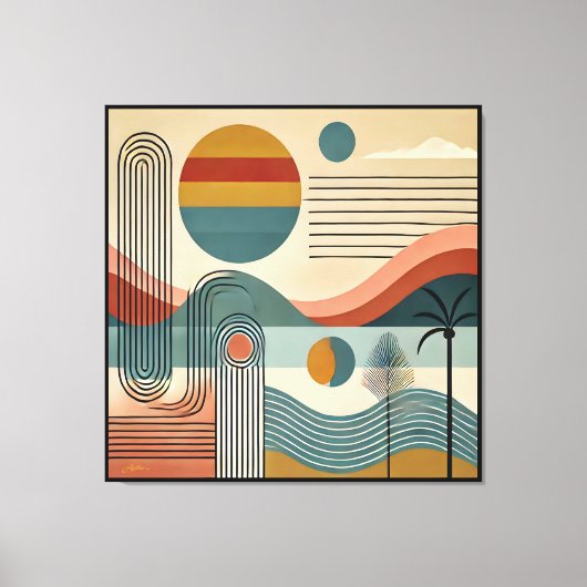 Mid Century Modern Art Beach Sunrise Canvas Afdruk (Voorkant)