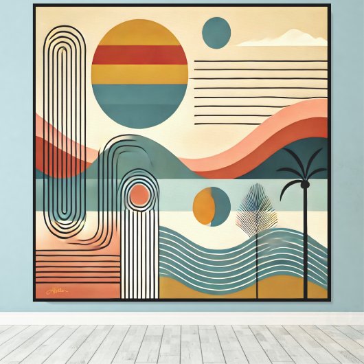 Mid Century Modern Art Beach Sunrise Canvas Afdruk (Insitu (Houten vloer))