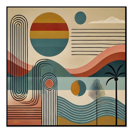Mid Century Modern Art Beach Sunrise Perfect Poster (Voorkant)