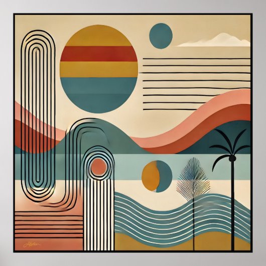Mid Century Modern Art Beach Sunrise Poster (Voorkant)