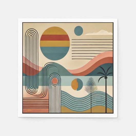 Mid Century Modern Art Beach Sunrise Servet (Voorkant)