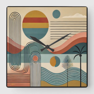 Mid Century Modern Art Beach Sunrise Vierkante Klok