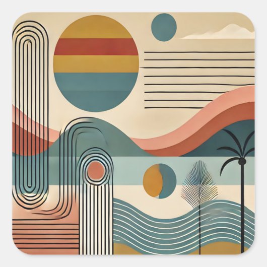 Mid Century Modern Art Beach Sunrise Vierkante Sticker (Voorkant)