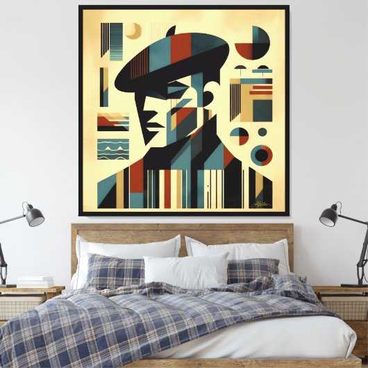 Mid Century Modern Art Man met een baret Canvas Afdruk (Insitu (Slaapkamer))