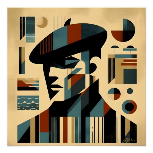Mid Century Modern Art Man met een baret Perfect Poster (Voorkant)