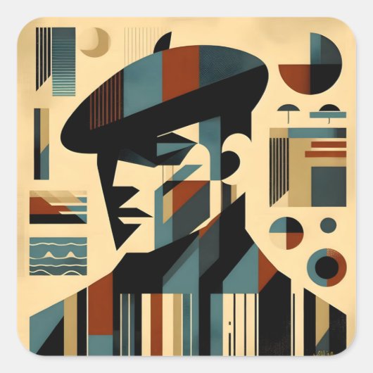Mid Century Modern Art Man met een baret Vierkante Sticker (Voorkant)