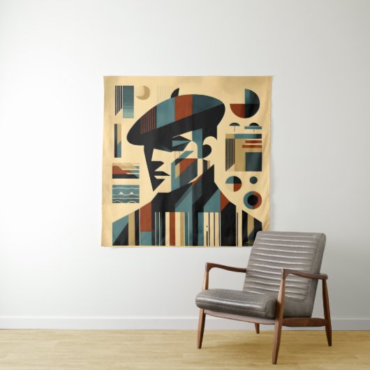 Mid Century Modern Art Man met een baret Wandkleed (In situ)
