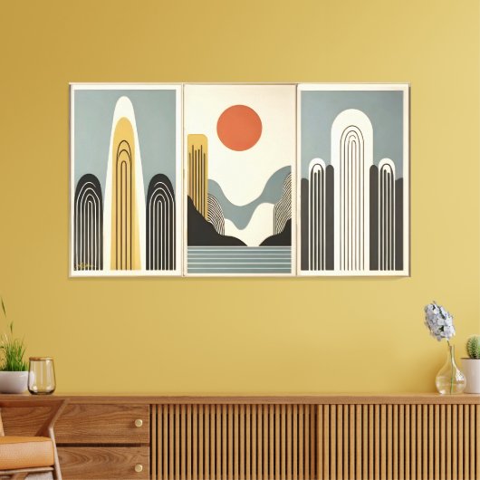 Mid Century Modern Art Mountain Lake Sunrise Canvas Afdruk (Insitu (Woonkamer))