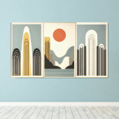 Mid Century Modern Art Mountain Lake Sunrise Canvas Afdruk (Insitu (Houten vloer))