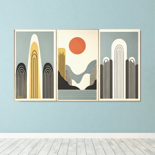 Mid Century Modern Art Mountain Lake Sunrise Canvas Afdruk (Insitu (Houten vloer))
