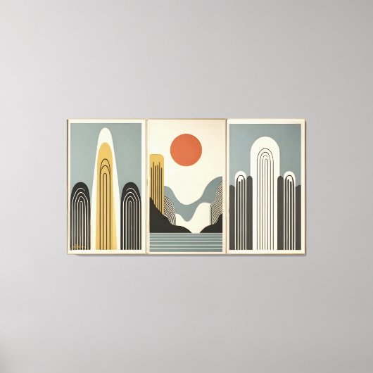 Mid Century Modern Art Mountain Lake Sunrise Canvas Afdruk (Voorkant)