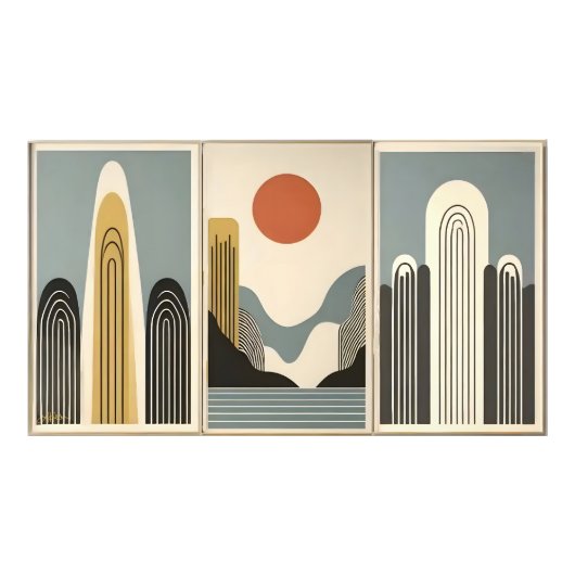 Mid Century Modern Art Mountain Lake Sunrise Foto Afdruk (Voorkant)