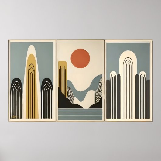 Mid Century Modern Art Mountain Lake Sunrise Poster (Voorkant)