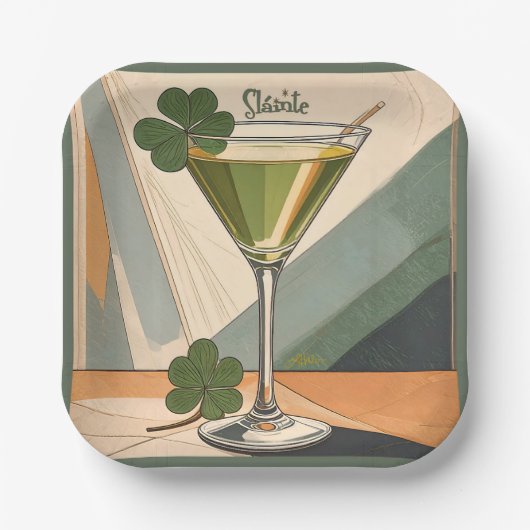 Mid Century Modern Art Shamrock Martini Sláinte! Papieren Bordje (Voorkant)
