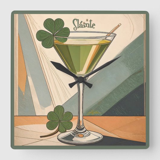 Mid Century Modern Art Shamrock Martini Sláinte!  Vierkante Klok (Voorkant)