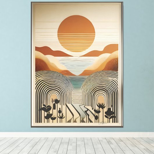 Mid Century Modern Art Spring Valley Lake Sunset Canvas Afdruk (Insitu (Houten vloer))