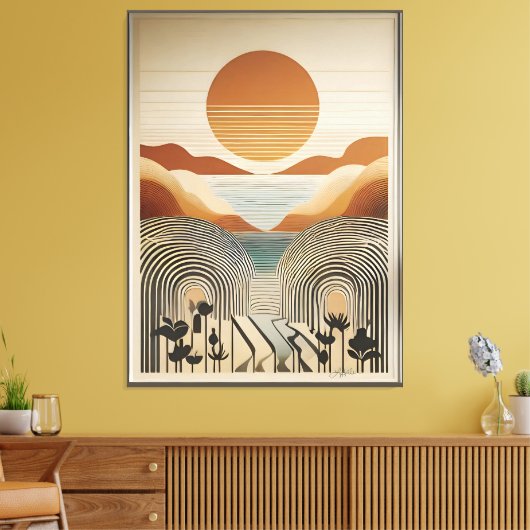 Mid Century Modern Art Spring Valley Lake Sunset Canvas Afdruk (Insitu (Woonkamer))