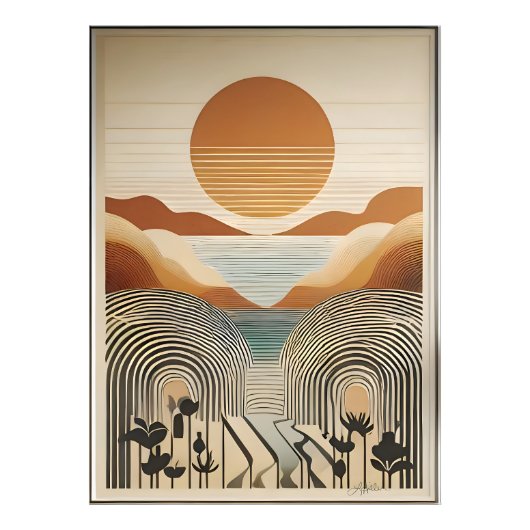 Mid Century Modern Art Spring Valley Lake Sunset Foto Afdruk (Voorkant)