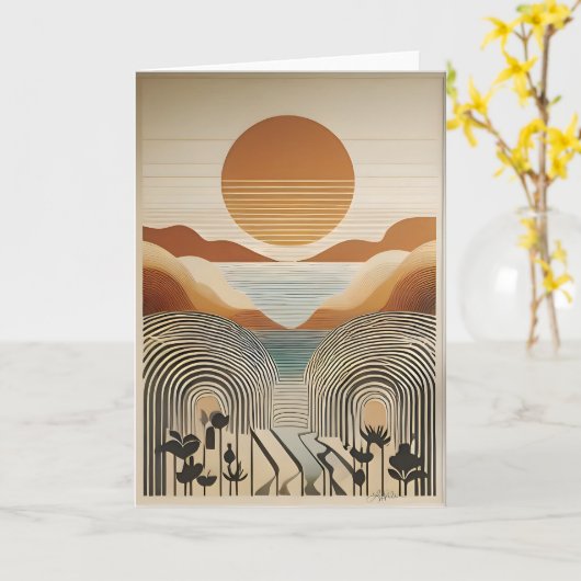 Mid Century Modern Art Spring Valley Lake Sunset Kaart (Gele Bloem)