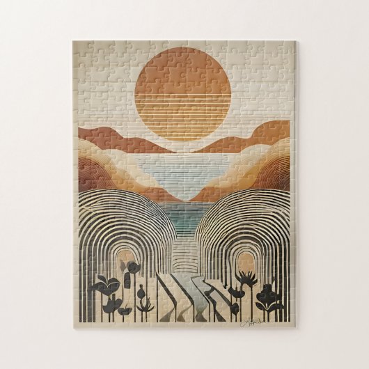 Mid Century Modern Art Spring Valley Lake Sunset Legpuzzel (Verticaal)