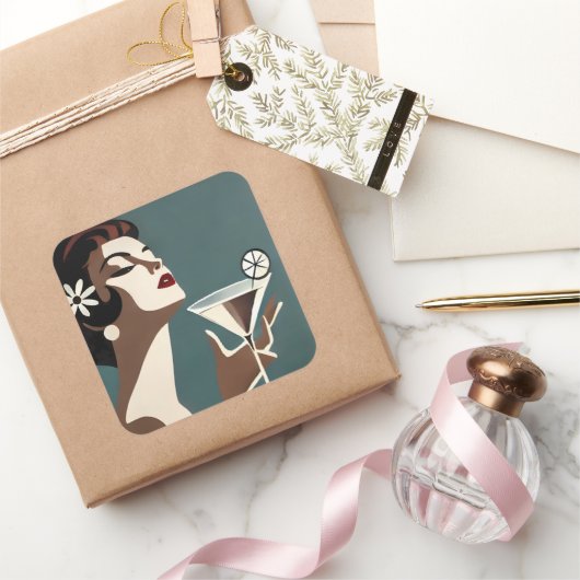 Mid Century Modern Art The Martini DIva Vierkante Sticker (Geschenken)