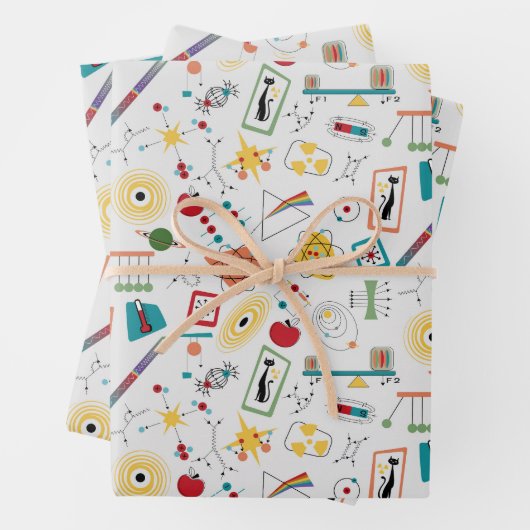 Mid Century Modern Atomic Age STEM-fysica Scatter Inpakpapier Vel (In situ)