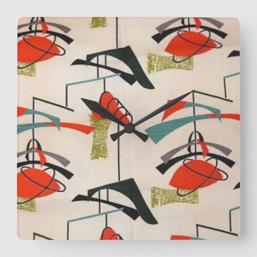Mid Century Modern Atomic Fabric Wall Clock Vierkante Klok (Voorkant)