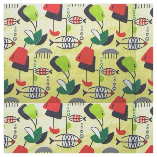 Mid Century Modern Atomic Fish Design Fabric Stof (Swatch)