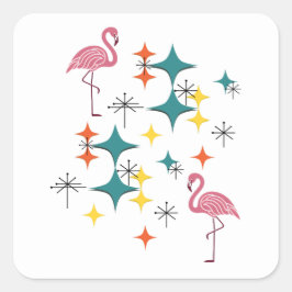 Mid Century Modern Atomic Starburst Pink Flamingos Vierkante Sticker
