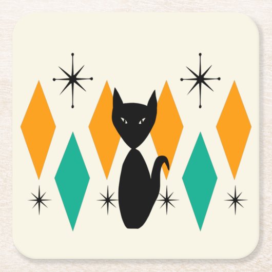Mid Century Modern Atomic Starbursts Diamonds Cat  Kartonnen Onderzetters (Voorkant)