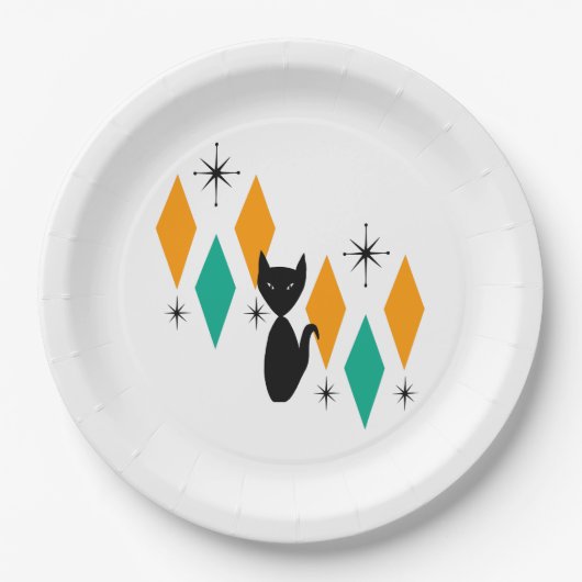 Mid Century Modern Atomic Starbursts Diamonds Cat Papieren Bordje (Voorkant)