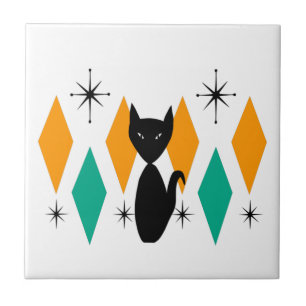 Mid Century Modern Atomic Starbursts Diamonds Cat Tegeltje